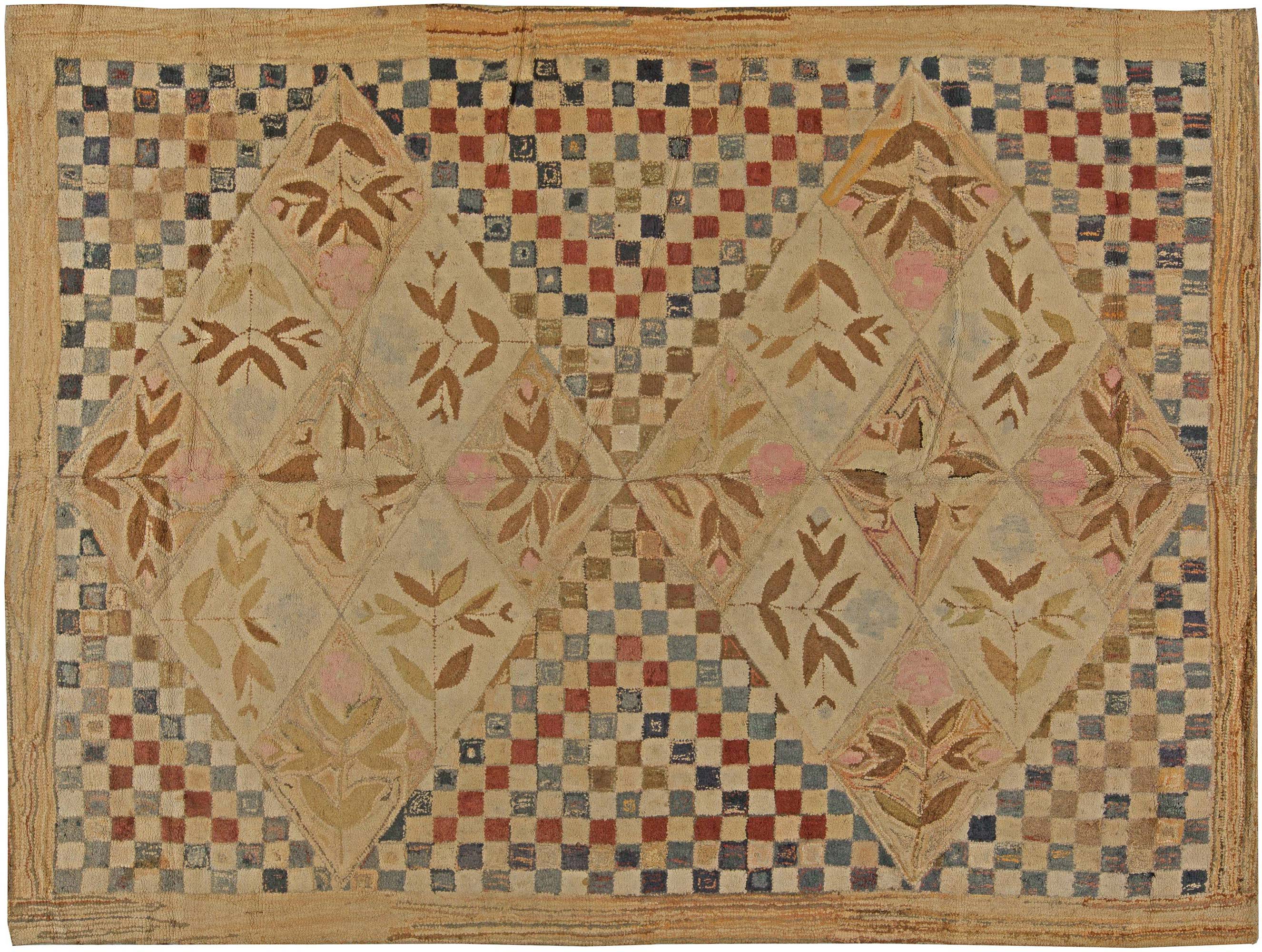 Mid-20th century Botanic Motifs on Checkered Beige Background Hooked Wool  Rug , index: BB3025