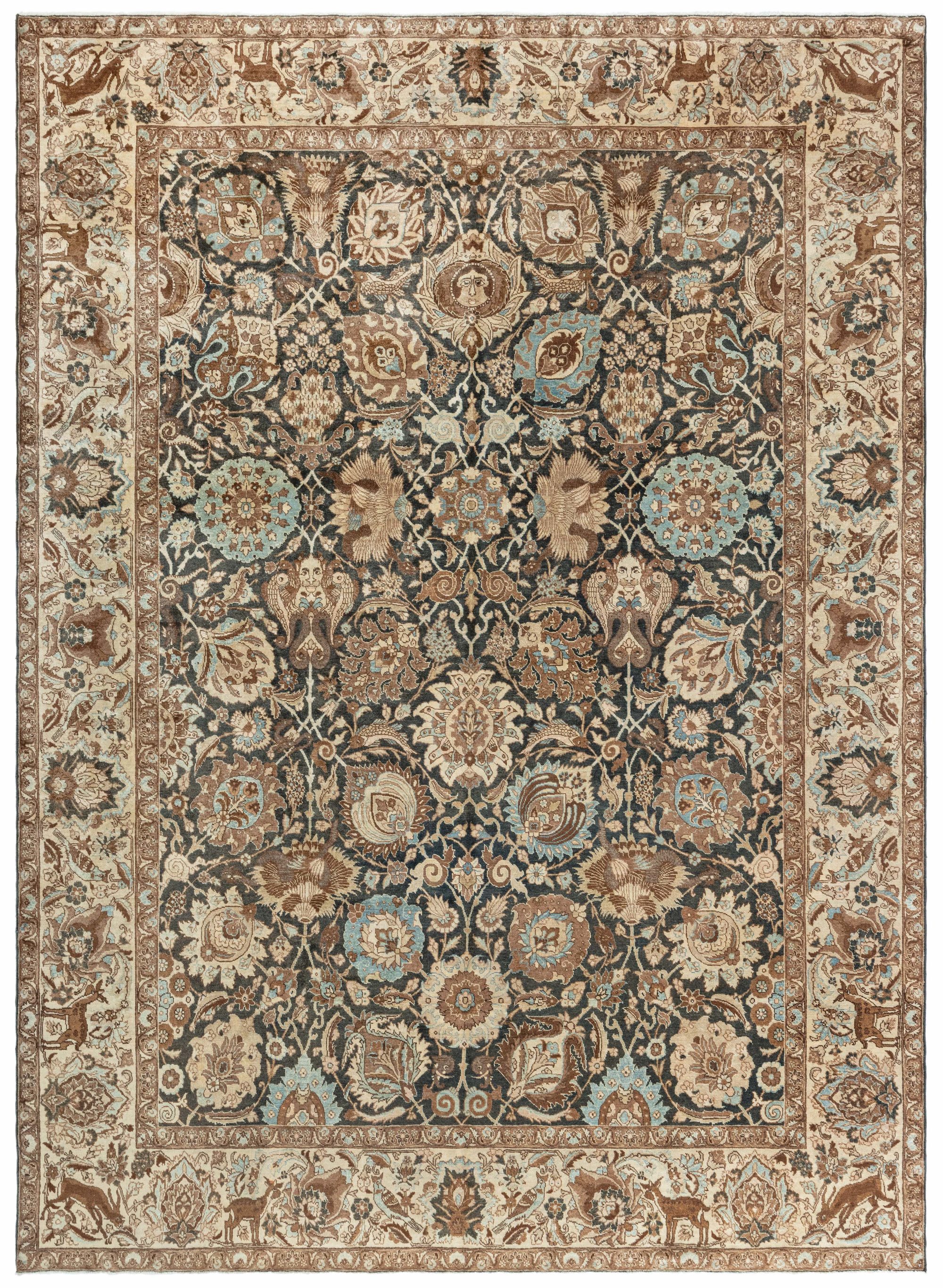 19th Century Persian Tabriz Dark Brown, Beige and Blue Handwoven Wool ...