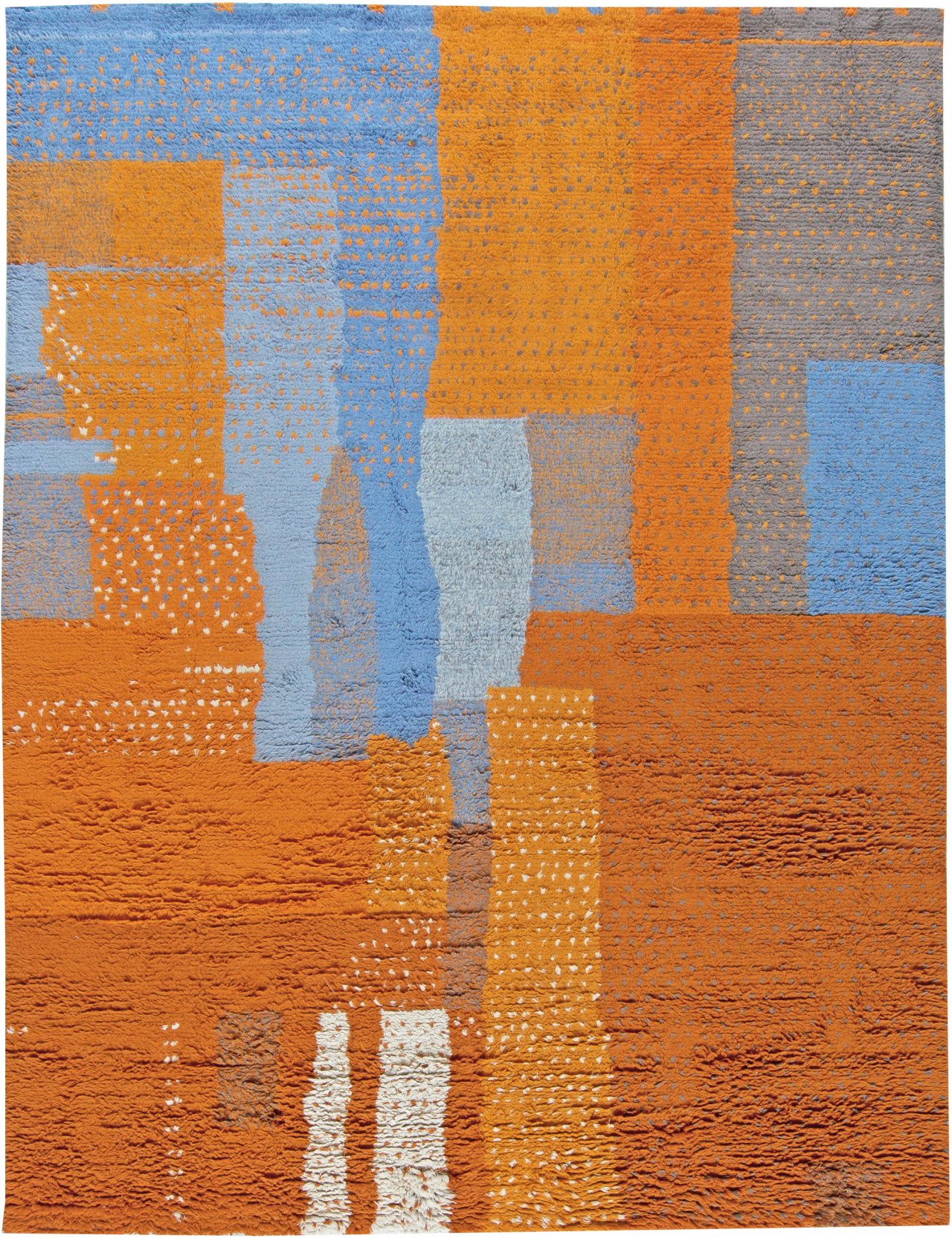 Modern Moroccan Rug in Blue, Orange, Grey and White N10998 by DLB