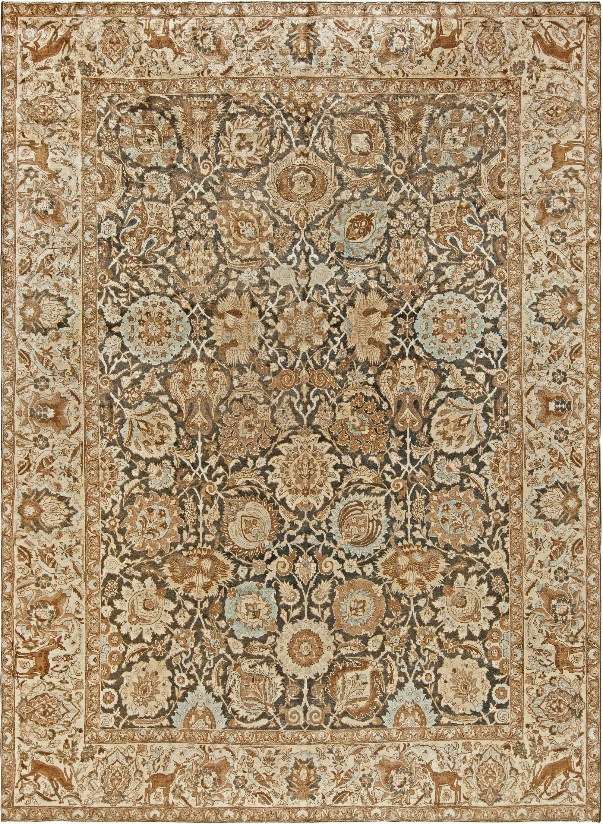 19th Century Persian Tabriz Dark Brown, Beige and Blue Handwoven Wool ...