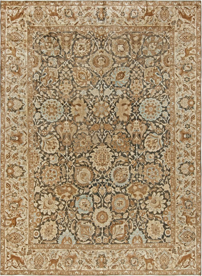 19th Century Persian Tabriz Dark Brown, Beige and Blue Handwoven Wool ...