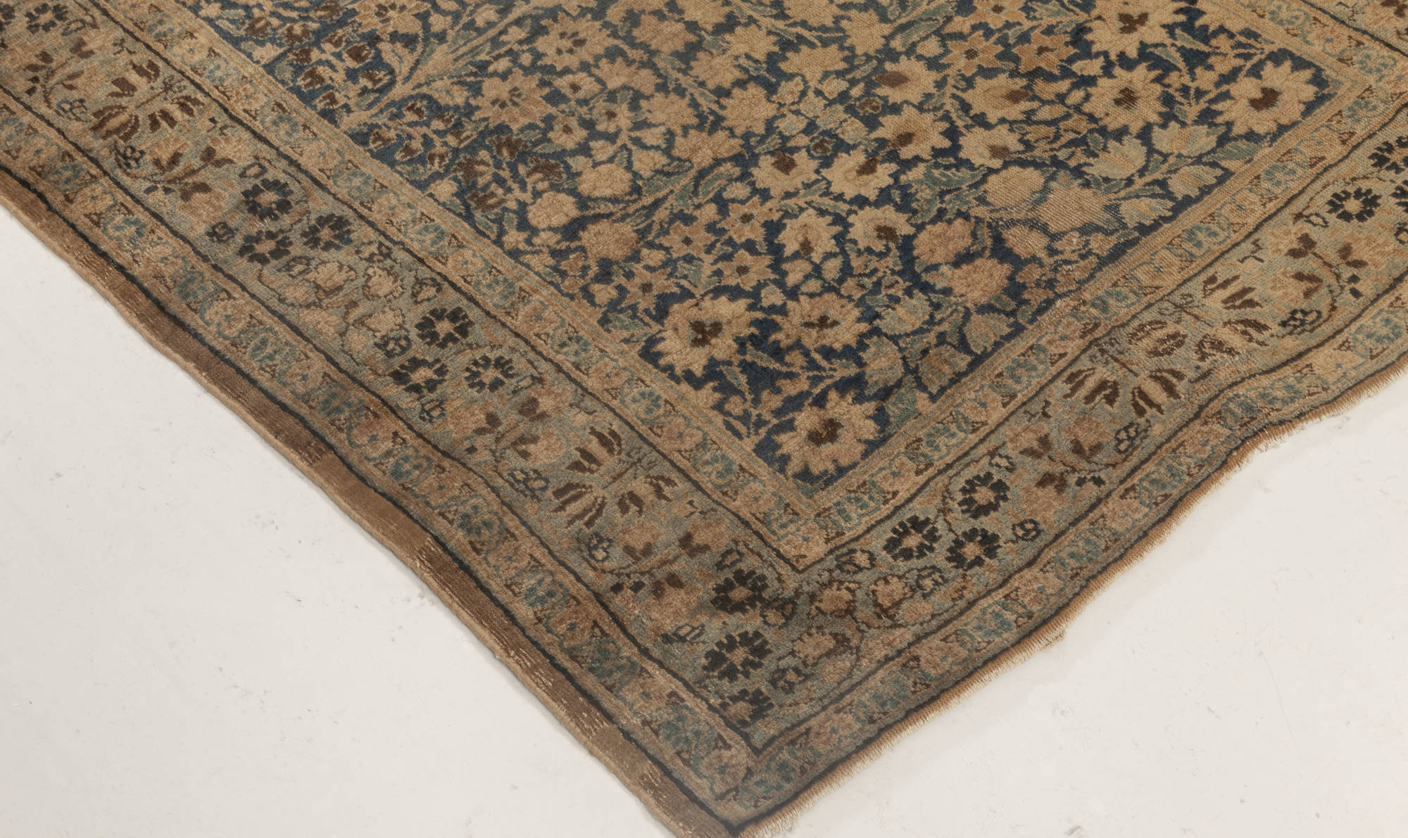 Antique Persian Kirman Indigo Blue, Beige and Brown Handwoven Wool ...