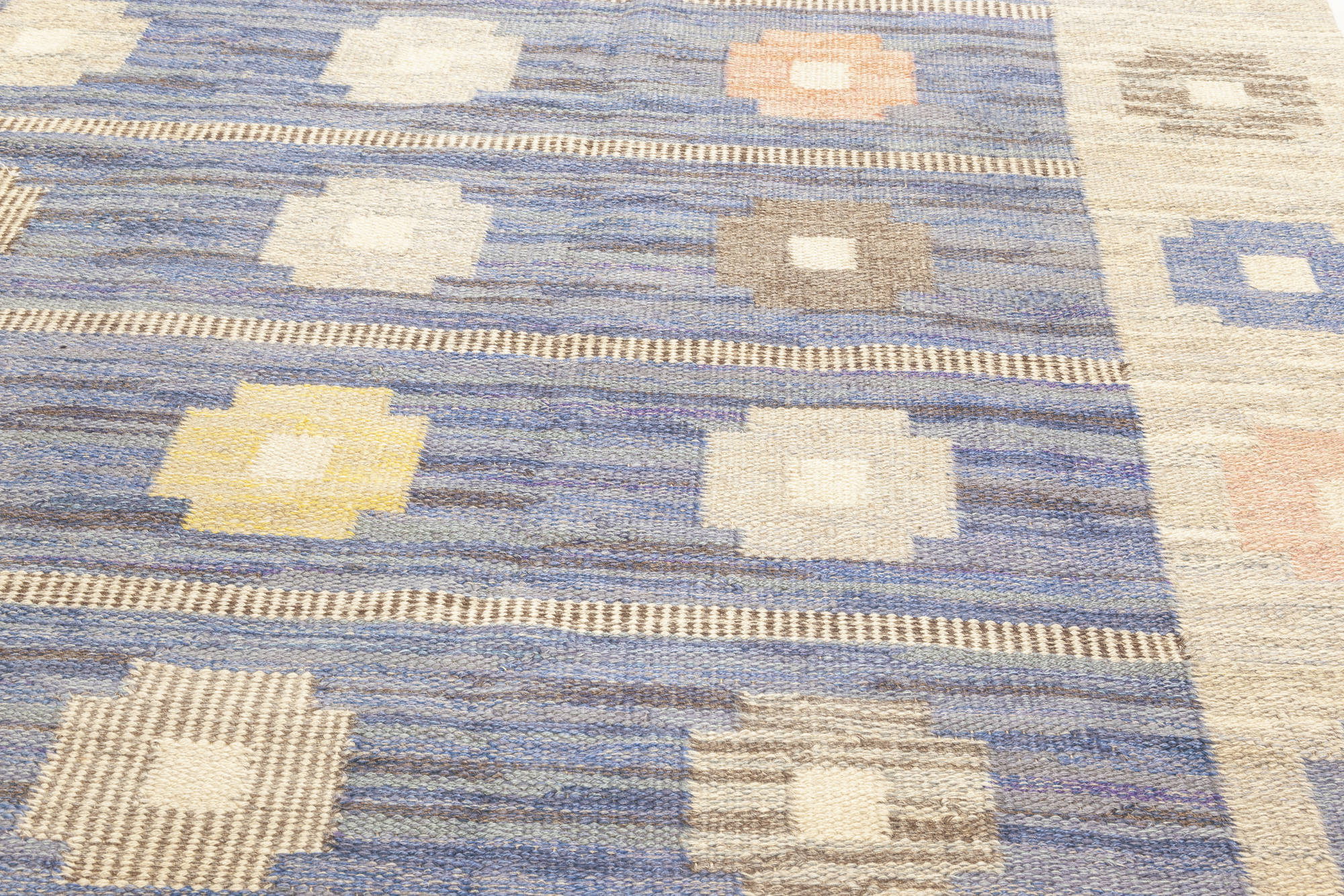 MidCentury Modern Scandinavian Flatweave Rug in Blue, Grey, Pink, and